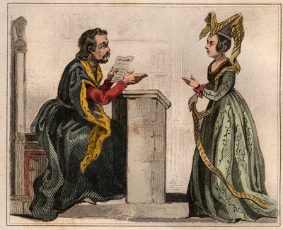 Jehan Pastoret (1328-1405), przewodniczący parlamentu paryskiego za panowania Karola V ze szlachcianką w liripionie. Grawer z 1859 roku w „Le Monde”. Historia wszystkich narodów od najdawniejszych czasów do współczesności”. przez ME de Lostal autorstwa Anonymous Anonymous
