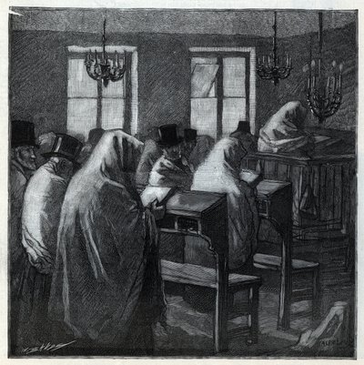 Święta żydowskie: fidele podczas modlitwy w oratorium w czasie świąt. Grawer „Le monde illustree” z 1892 r. Ze zbiorów prywatnych. autorstwa Anonymous Anonymous