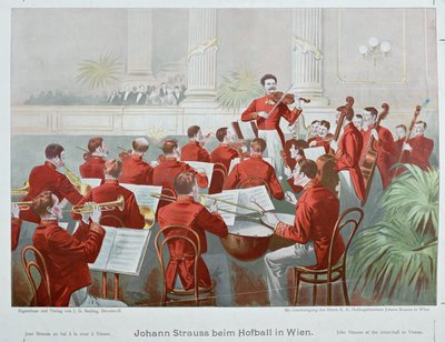 Johann Strauss syn dyrygujący orkiestrą podczas balu ... (litografia) autorstwa Anonymous Anonymous