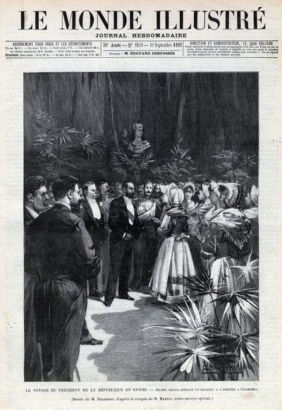 Podróż Sadi Carnot (1837-1894) do Sabaudii: Prezydent Republiki jest witany w Chambery przez młode dziewczyny oferujące mu bukiet kwiatów. Gazeta. Grawer „Le monde illustree” z 1892 r. Ze zbiorów prywatnych. autorstwa Anonymous Anonymous