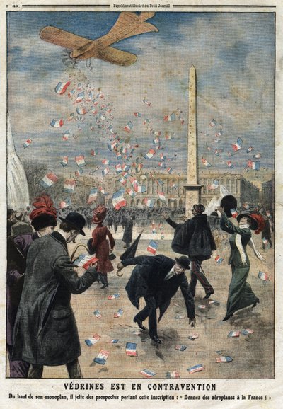Jules Charles Toussaint Vedrines (1881-1919) jest w sprzeczności: ze szczytu swojego jednopłatowca rzuca ulotki z napisem „Daj samoloty Francji”” nad Place de la Concorde w Paryżu. Grawerowanie w „”Le Petite Journal””, dnia 4/02/19 autorstwa Anonymous Anonymous