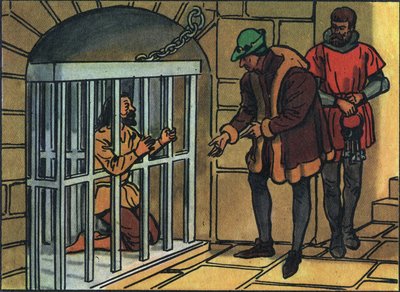 Król Ludwik XI odwiedzający klatki więzienia Bastylii. Anonimowa ilustracja w „”Kolekcji suwerenów i głów państw Francji””. XX wiek. Prywatna kolekcja. autorstwa Anonymous Anonymous