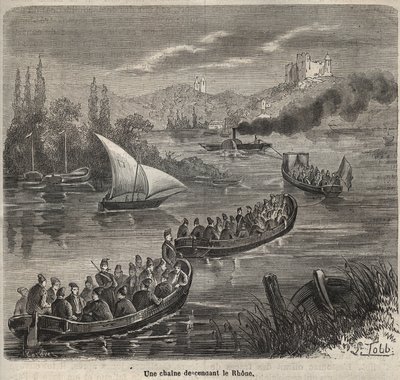 Więzienie Toulon - łańcuch schodzący w dół Rodanu - Grawerowanie w „Historii więzień od ich powstania do dnia dzisiejszego” (1877) autorstwa Pierre