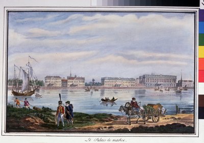 Pałac Marmurowy i Nabrzeże Newy w Sankt Petersburgu. Anonimowa litografia, kolorowana akwarelą, 22 x 32 cm autorstwa Anonymous Anonymous