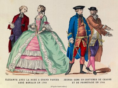 Po lewej: Elegante z dużą suknią koszową, monday abbe w 1760/po prawej: Młodzi mężczyźni w strojach myśliwskich i spacerowych z 1760 (regne króla Ludwika XV) - kolekcja prywatna autorstwa Anonymous Anonymous
