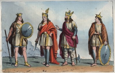 Les Merovingiens - dynastia Merowingów - Faramond lub Faramund (- Chlodio (Clodius, Clodion, Cloio lub Chlogio) (Clodion le Chevelu) (ok. 390 - ok. 450) - Merovech (Merovee lub Merowig, ok. 412-457) i Clovis (ok. 466-511 ”- grawer z „Usi e Costumi di autorstwa Anonymous Anonymous