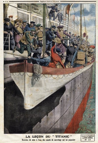 Ćwiczenie łodzi ratunkowej na pokładzie liniowca po zatonięciu RMS Titanic, 15 kwietnia 1912 r., Ilustracja z francuskiej gazety Le petit Journal, 2 czerwca autorstwa Anonymous Anonymous