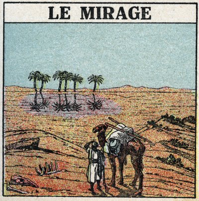 Załamanie światła: miraż. Załamanie atmosferyczne daje złudzenie oazy pojawiającej się na pustyni. Anonimowa ilustracja z 1925 r. Ze zbiorów prywatnych. autorstwa Anonymous Anonymous
