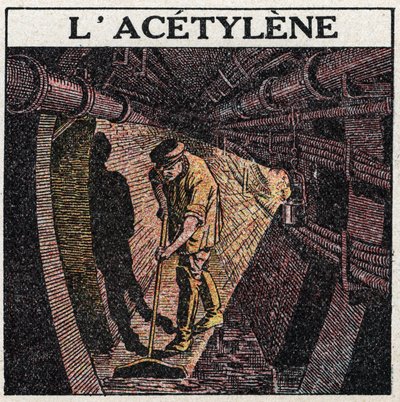 Źródła światła: oświetlenie acetylenem stosowanym w bębnach. Anonimowa ilustracja z 1925 r. Ze zbiorów prywatnych. autorstwa Anonymous Anonymous