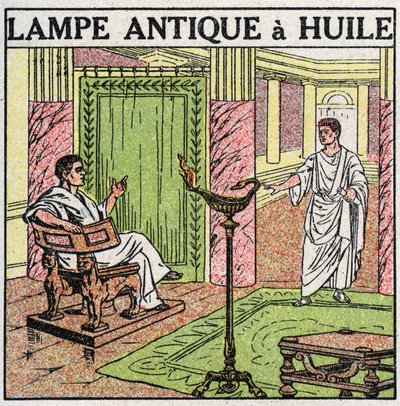 Źródła światła: lampa naftowa stosowana w starożytności. Anonimowa ilustracja z 1925 r. Ze zbiorów prywatnych. autorstwa Anonymous Anonymous