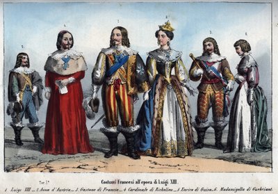 Ludwik XIII - Anna Austriacka (1601-1666) (Anna Austriacka) - Gaston Francji (Gaston, książę Orleanu) - Armand Jean du Plessis, kardynał de Richelieu - Henryk II de Guise (Henryk II, książę Guise) - Anne-Marie Budes de Guebriant - grawer z „” Usi e autorstwa Anonymous Anonymous