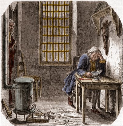 Ludwik XVI (1754-93) Czytanie swojej ostatniej woli i testamentu w świątyni 1792 - Ludwik XVI czytający swoją wolę w wieży świątyni w dniu 25 grudnia 1792 - Grawerowanie w „Histoire des Girondins” Alphonse de Lamartine (1790-1869) 1865-1866 - Zbiory prywat autorstwa Anonymous Anonymous