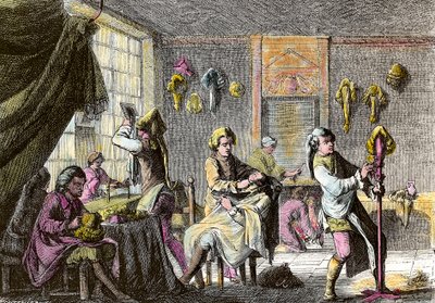 Moda Ludwika XV: widok wnętrza fryzjera z perukami. Grawer około 1755 r. Kolekcja prywatna autorstwa Anonymous Anonymous