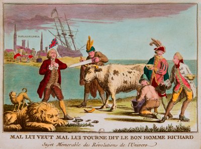 Mal chce go źle, powiedział dobry człowiek Richard Pamiętny temat rewolucji wszechświata. Karykatura przeciwko Anglii. 1780, Privee Collection (Brytyjski handel jako krowa mleczna. Na zdjęciach: Wielka Brytania jako śpiący lew; Kongres Kontynentalny jako I autorstwa Anonymous Anonymous