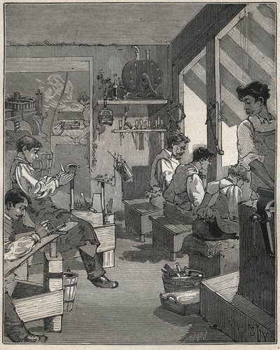 Produkcja grzebieni w warsztacie we Francji w XIX wieku. Grawer z 1885 roku w „Les arts et metiers illustres” Adolphe BITARD. autorstwa Anonymous Anonymous