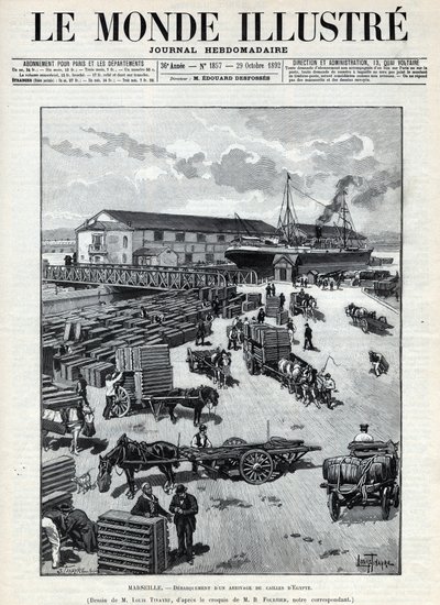 Handel morski: szczekanie przybycia przepiórek z Egiptu do portu w Marsylii. Gazeta. Grawer „Le monde illustree” z 1892 r. Ze zbiorów prywatnych. autorstwa Anonymous Anonymous