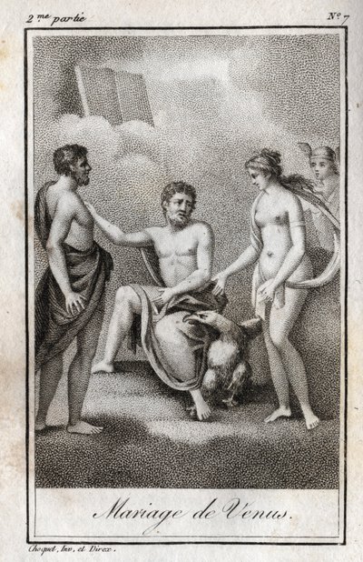 Małżeństwo między Marsem a Wenus. Rycina z 1819 r. w „Lettres a Emilie sur la mitologie” Charlesa Alberta Demoustiera (1760-1801). Prywatna kolekcja. autorstwa Anonymous Anonymous