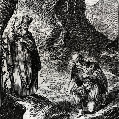 Martial de Limoges lub Saint Martial (III w.) nawracający przywódcę celtyckiego ludu Lemovices - Rycina z 1846 r. w „Żywotach świętych””. Prywatna kolekcja. autorstwa Anonymous Anonymous