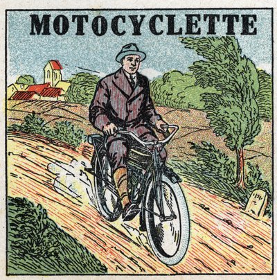 Trakcja mechaniczna: motocykl. Anonimowa ilustracja z 1925 r. Ze zbiorów prywatnych. autorstwa Anonymous Anonymous
