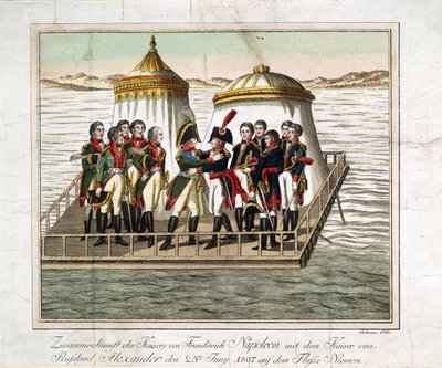 Spotkanie cesarzy Aleksandra I z Rosji i Napoleona I z Francji nad Niemnem w pobliżu Tilsit - Anonim - 1807 - Akwaforta, akwarela - 29,7x39,7 - Kolekcja prywatna autorstwa Anonymous Anonymous