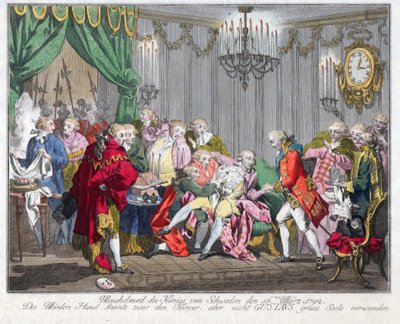 Mort de Gustave III de Suede (1746-1792) - Zabójstwo króla Gustawa III w dniu 16 marca 1792 - Anonim - 1792 - Akwaforta, akwarela - 33,5x46,3 - Kolekcja prywatna autorstwa Anonymous Anonymous