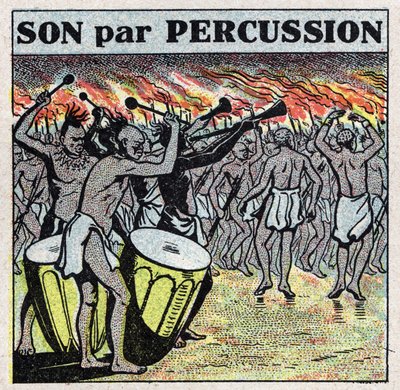Instrumenty muzyczne: perkusiści w afrykańskiej wiosce. Anonimowa ilustracja z 1925 r. Ze zbiorów prywatnych. autorstwa Anonymous Anonymous