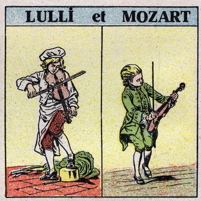 Instrumenty muzyczne: instrumenty smyczkowe pocierane. Jean Baptiste Lully (Giovanni Battista Lulli) (1632-1687) i Wolfang Amadeus Mozart (1756-1791) grający na skrzypcach. Anonimowa ilustracja z 1925 r. Ze zbiorów prywatnych. autorstwa Anonymous Anonymous