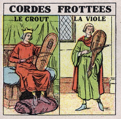 Instrumenty muzyczne: instrumenty smyczkowe pocierane. Gracze grypy i gwałtów w średniowieczu. Anonimowa ilustracja z 1925 r. Ze zbiorów prywatnych. autorstwa Anonymous Anonymous