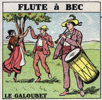Instrumenty muzyczne: instrumenty dęte. Gracz Galubet (flet z dziobem). Anonimowa ilustracja z 1925 r. Ze zbiorów prywatnych. autorstwa Anonymous Anonymous