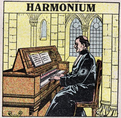 Instrumenty muzyczne: instrumenty dęte na biodrze. Grający na harmonii w kościele. Anonimowa ilustracja z 1925 r. Ze zbiorów prywatnych. autorstwa Anonymous Anonymous