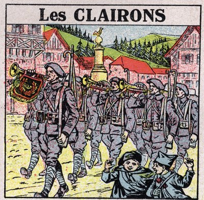 Instrumenty muzyczne: instrumenty dęte z ustami słojowymi. Graj w trąbkę podczas biegu wojskowego. Anonimowa ilustracja z 1925 r. Ze zbiorów prywatnych. autorstwa Anonymous Anonymous