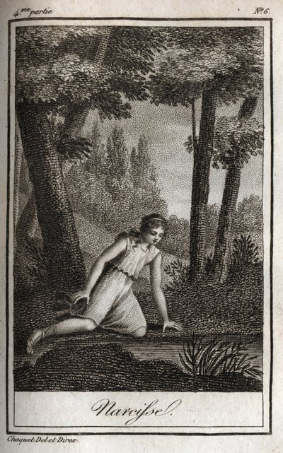 Narcisse kontemplujący swoje odbicie (Narciso) Grawerunek z 1819 r. w „Lettres a Emilie sur la mitologie” Charlesa Alberta Demoustiera (1760-1801). Prywatna kolekcja. autorstwa Anonymous Anonymous