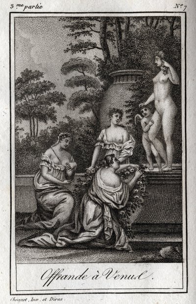 Oferta dla Wenus. Małe miłości (aniołki) zbierają się, aby oddać hołd bogini Afrodycie. Rycina z 1819 r. w „Lettres a Emilie sur la mitologie” Charlesa Alberta Demoustiera (1760-1801). Prywatna kolekcja. autorstwa Anonymous Anonymous