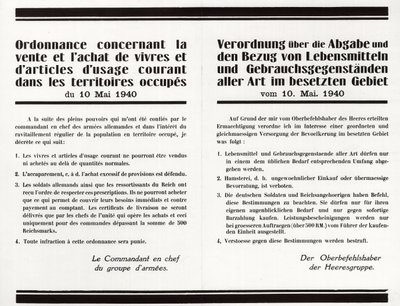 „Rozporządzenie w sprawie sprzedaży i zakupu żywności oraz artykułów powszechnego użytku na terytoriach okupowanych” – plakat dwujęzyczny francusko-niemiecki autorstwa Anonymous Anonymous