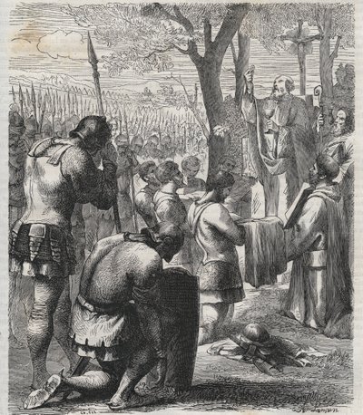 Otto I, Cesarz Rzymski przyjmuje komunię przed bitwą pod Lechfeld (955) - Cesarz niemiecki Otton I (Othon) (912-973) przyjmował komunię przed bitwą pod Lechfeld w 955 - rycina 1864 autorstwa Anonymous Anonymous