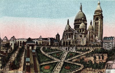 Paryż: kolejka i bazylika Sacre Coeur (Sacre-Coeur) na Butte Montmartre. Zdjęcie z 1920 roku w „Albumie Artystycznym” miasta Paryża. Prywatna kolekcja. autorstwa Anonymous Anonymous