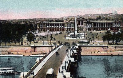 Paryż: panorama mostu i Place de la Concorde z obeliskiem i kościołem Madeleine przeniesionym do bazyliki Sacre Coeur (Sacre-Coeur) na Montmartrze. Po lewej obecny Hotel Crillon, a po prawej Hotel de la Marine autorstwa Anonymous Anonymous