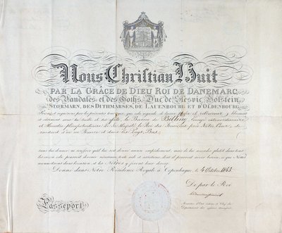 Paszport króla Danii Christiana VIII pochodzi z 1845 roku. autorstwa Anonymous Anonymous