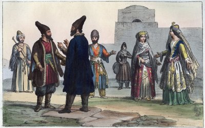 Ubrania perskie w XIX wieku - grawerowanie z „Użycia i zwyczajów wszystkich narodów wszechświata”. Czyli Historia rządu, praw, milicji, religii wszystkich narodów od czasów najdalszych do dnia dzisiejszego „1856 autorstwa Anonymous Anonymous