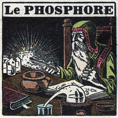Fosforescencja: fosfor. Alchemik poszukujący kamienia filozoficznego w swoim laboratorium. Anonimowa ilustracja z 1925 r. Ze zbiorów prywatnych. autorstwa Anonymous Anonymous