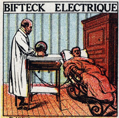 Fizjologiczne działanie elektryka: stek elektryczny. Opieka nad pacjentem poprzez przepuszczanie prądu elektrycznego przez jego ciało za pomocą nieosłoniętych elektrod metalowych. Anonimowa ilustracja z 1925 r. Ze zbiorów prywatnych. autorstwa Anonymous Anonymous