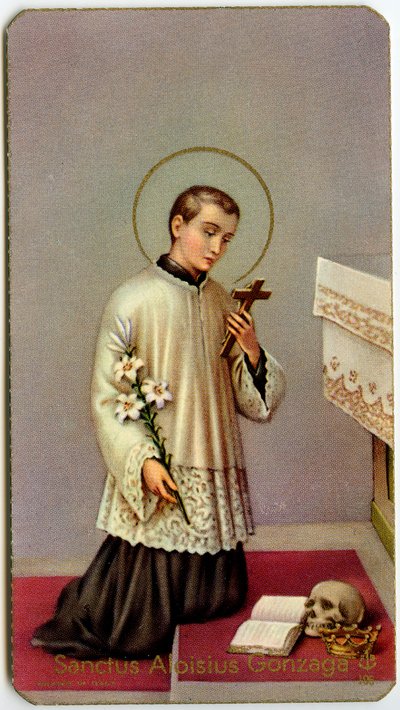Pobożny wizerunek: Aloysius Gonzaga wielbiący krzyż (druk) autorstwa Anonymous Anonymous