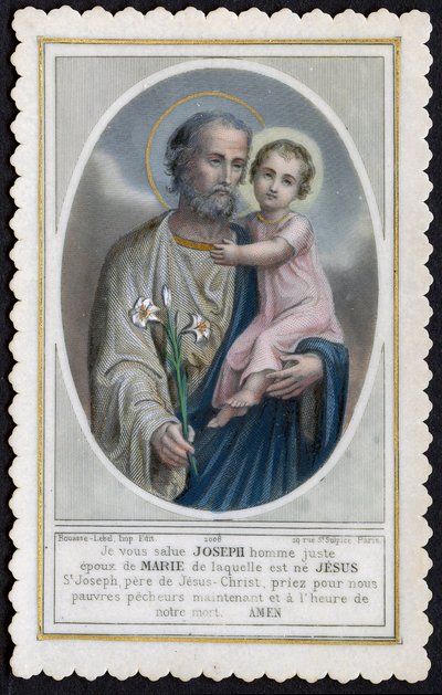 Pobożny obraz: Jezus jako dziecko w ramionach Józefa (rycina) autorstwa Anonymous Anonymous