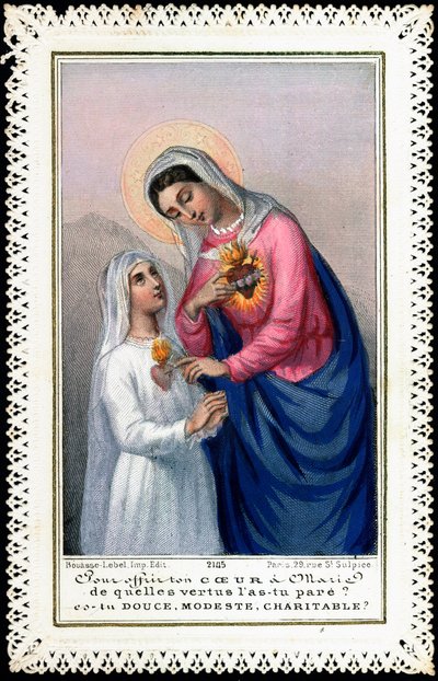 Pobożny obraz: Mała dziewczynka w stroju komunijnym ofiarująca swoje serce Maryi Pannie. „” Aby ofiarować swoje serce Maryi, jakimi cnotami je zdobisz, jesteś słodka, skromna, miłosierna””” Karta Dentelee. 19 wiek. Prywatna kolekcja autorstwa Anonymous Anonymous
