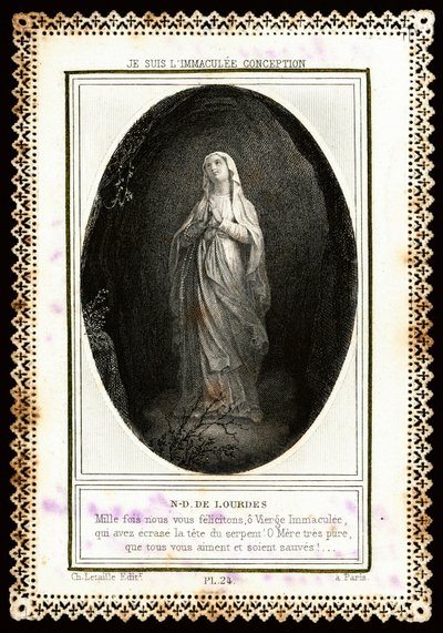 Pobożny wizerunek: „” Notre Dame de Lourdes”” Karta Dentelee. 19 wiek. Prywatna kolekcja autorstwa Anonymous Anonymous