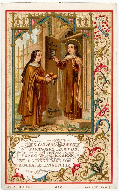 Pobożny obraz: św. Teresa od Jezusa otrzymuje pomoc i chleb od klarysek (chromolitografia) autorstwa Anonymous Anonymous