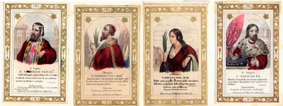 Pobożny wizerunek: "Św. Ulryk z Augsburga, św. Stanisław, św. Bibiana, św. Władysław I Węgierski" Kolekcja prywatna Karta autorstwa Anonymous Anonymous