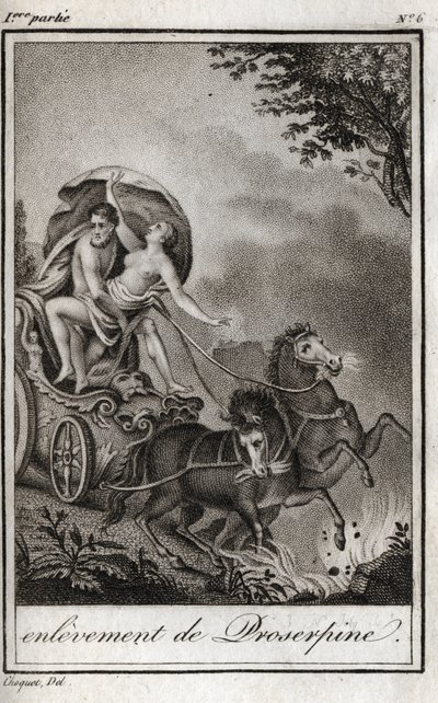 Pluton (Hades) zabiera Persefonę (Prozerpinę) przed swoją matką Ceres (Demeter) i zabiera go do królestwa Underworld. Pluton zabiera Persefonę do swojego królestwa, podziemi, w mitologii greckiej. Grawer z 1819 r. w „Lettres a Emilie s autorstwa Anonymous Anonymous