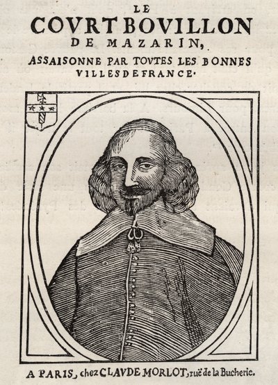 Broszury polityczne Mazarinade (broszura polityczna pod procą), popularny wizerunek przeciwko Mazarinowi o jego emeryturze w Bouillon (Le court bulion de Mazarin). Prywatna kolekcja. autorstwa Anonymous Anonymous