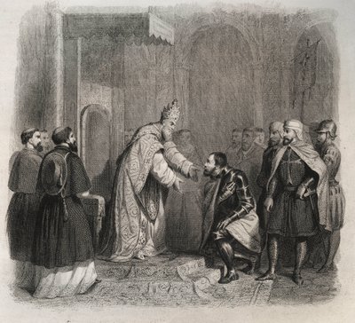 Papież św. Pius V (Pius lub Pio) (1566-1572) odbierający zwycięzcę bitwy pod Lepante. Rycina z 1846 r. w „Żywotach świętych”. Prywatna kolekcja. autorstwa Anonymous Anonymous